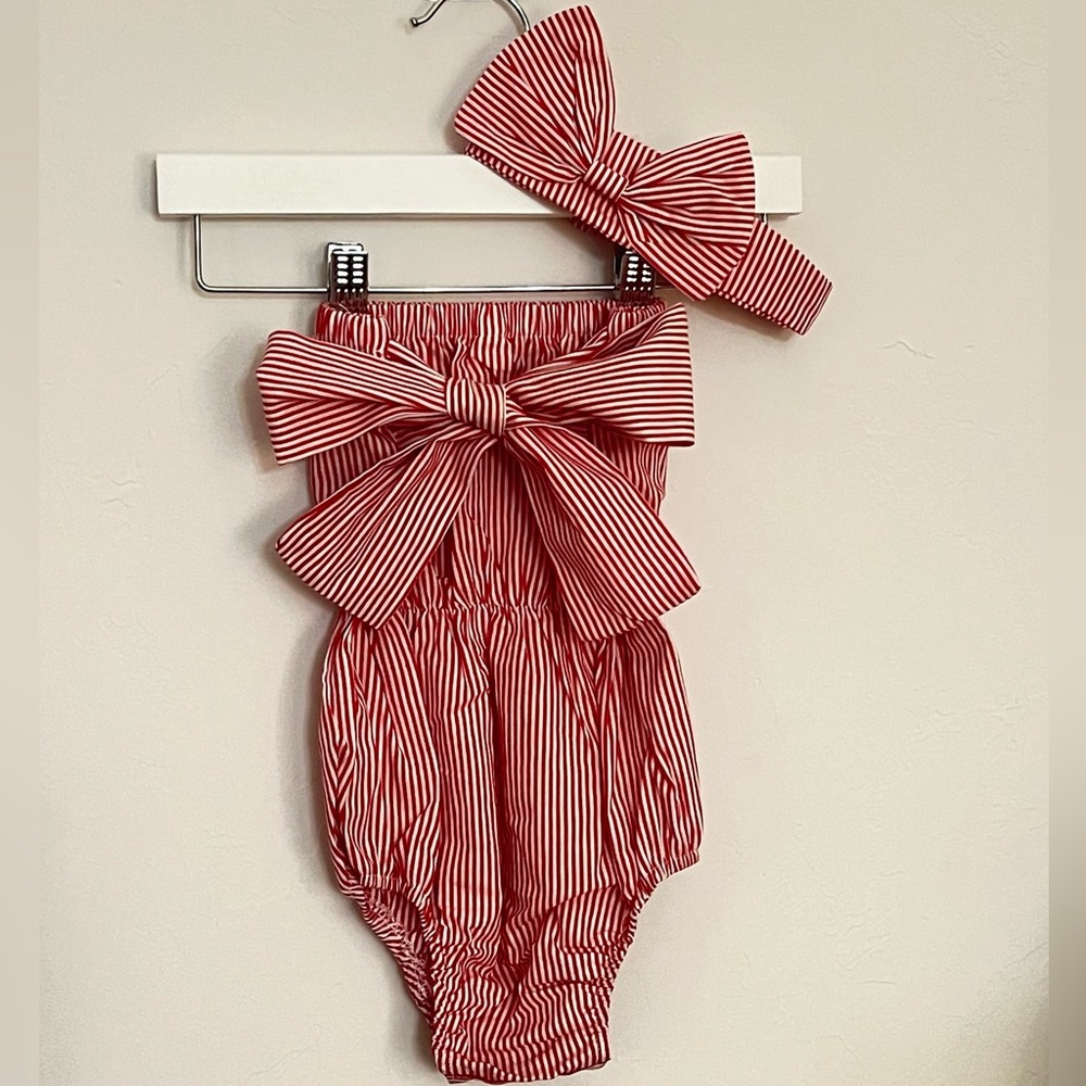 Red Striped Baby Romper with Bow